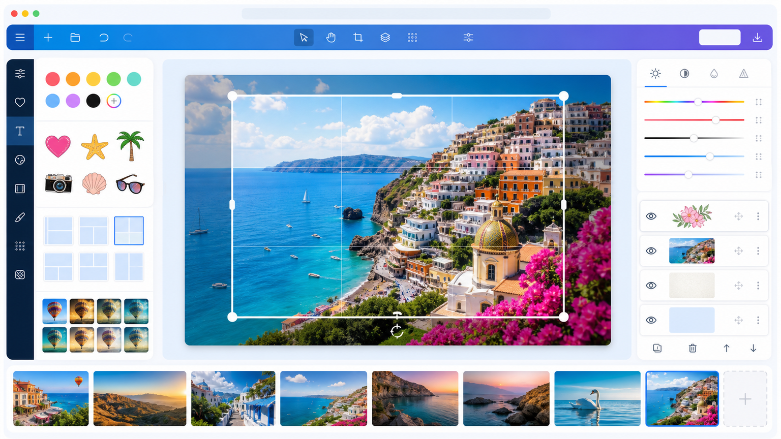 piZap online photo editor with crop, filters, stickers, and text tools